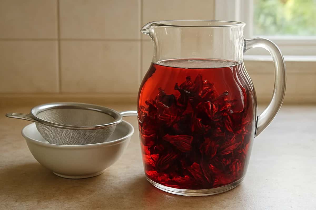 Carafe où des calices d'hibiscus séchés infusent dans l'eau rouge, avec une passoire posée dans un bol
