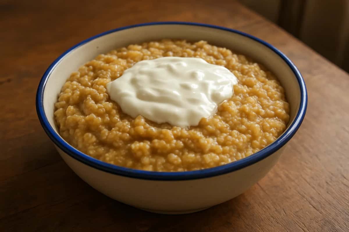 Bol de lakh, bouillie de mil épaisse et dorée, nappée d'une cuillerée de lait caillé blanc