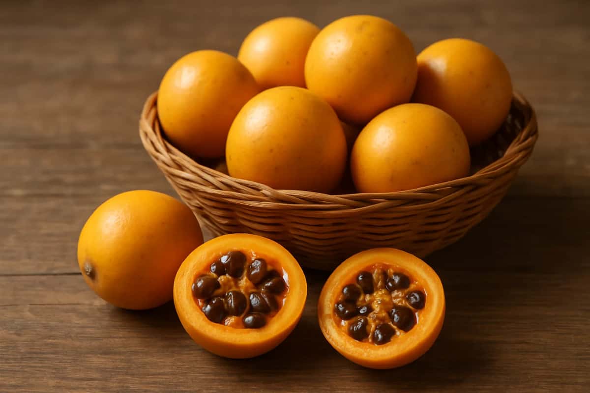 Fruits de madd de Casamance à coque ronde jaune-orangé dans un panier tressé, deux coupés en deux montrant plusieurs graines brunes enrobées de pulpe orange