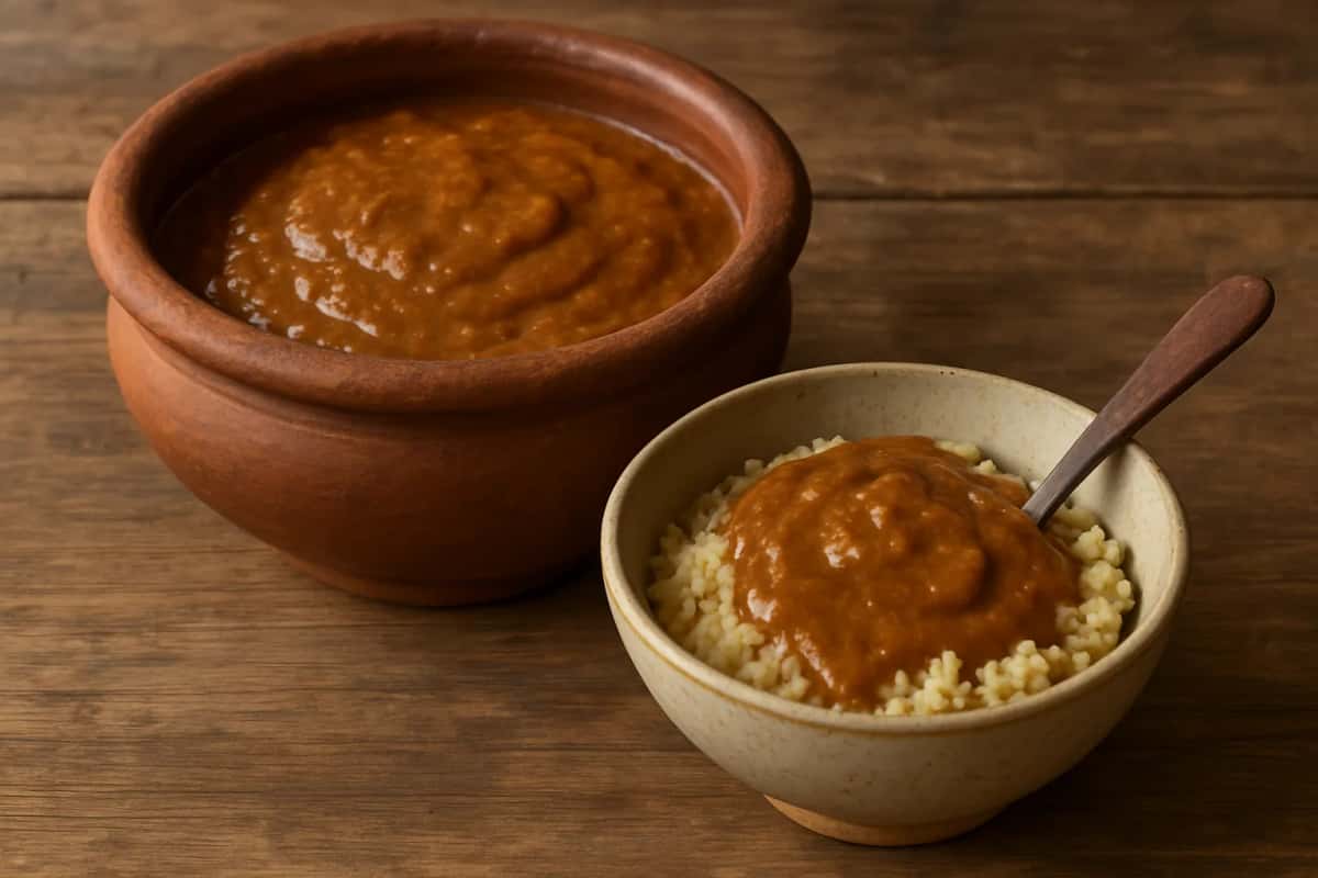 Ngalakh : sauce brune épaisse d'arachide et de pain de singe dans un pot en terre cuite, à côté d'un bol de mil