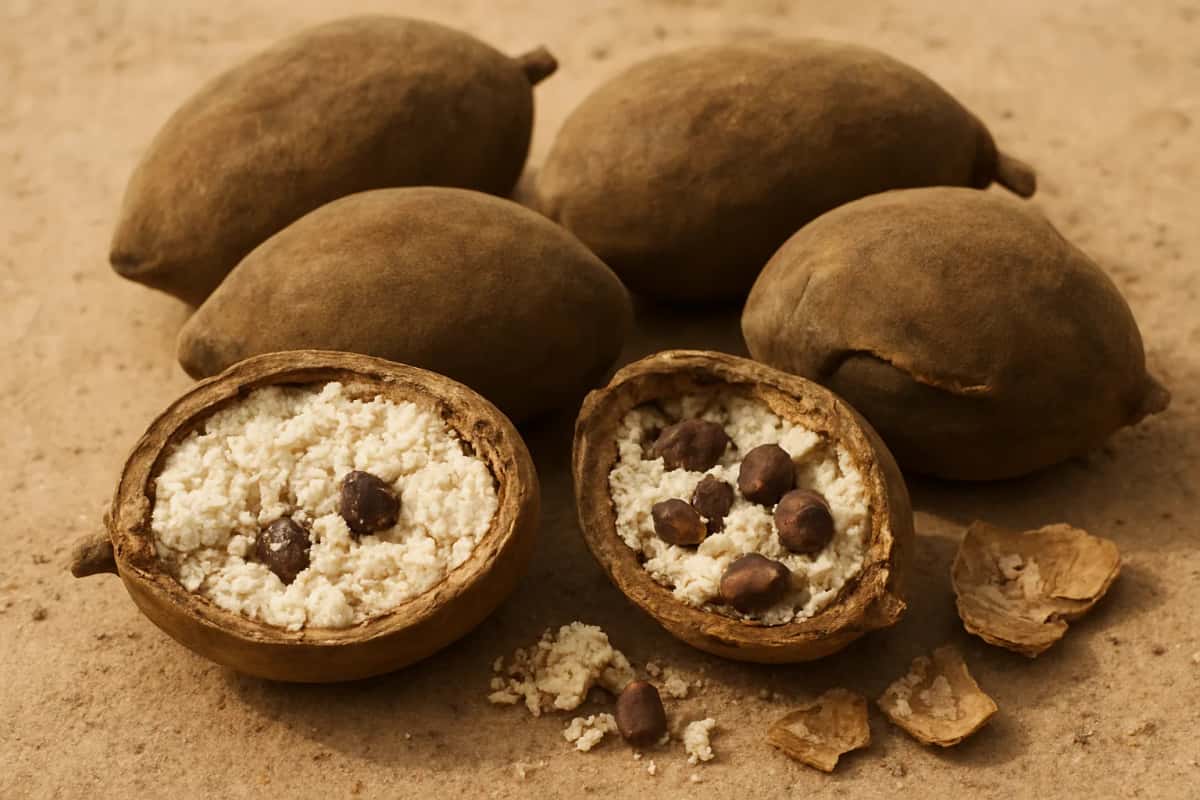 Fruits du baobab à coque brune veloutée, deux ouverts sur leur pulpe blanche farineuse et leurs graines sombres