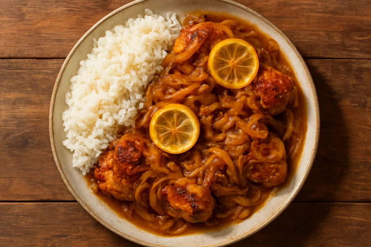 Plat de poulet yassa nappé d'oignons fondus et de citron