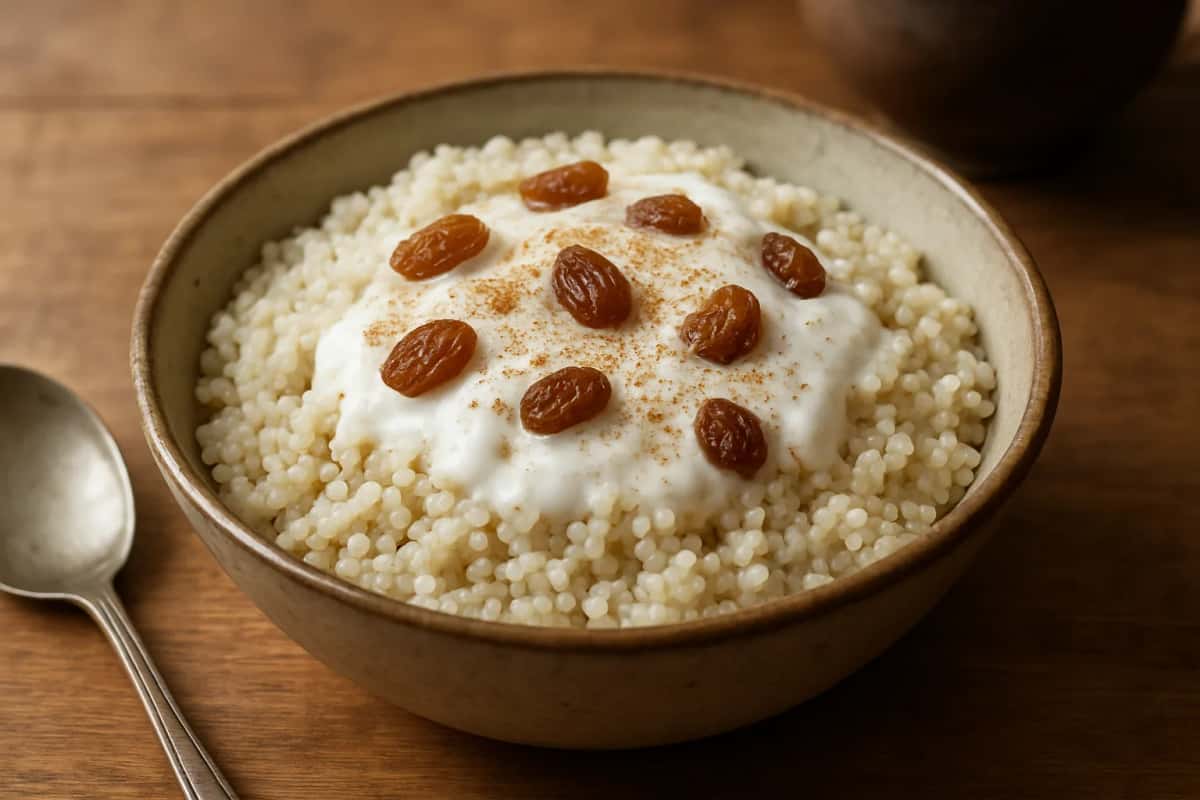 Bol de thiakry : granulés de mil clair nappés de lait caillé, raisins secs et pointe de noix de muscade, sur une table en bois