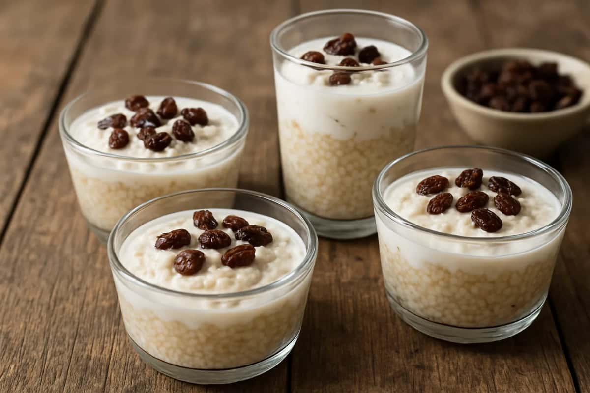 Quatre verrines de thiakry, mil au yaourt épais garni de raisins secs, sur une table en bois