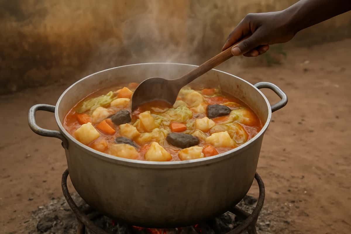 Manioc, carotte et chou mijotant dans un bouillon de tomate rouge, dans une grande marmite sur un feu de charbon