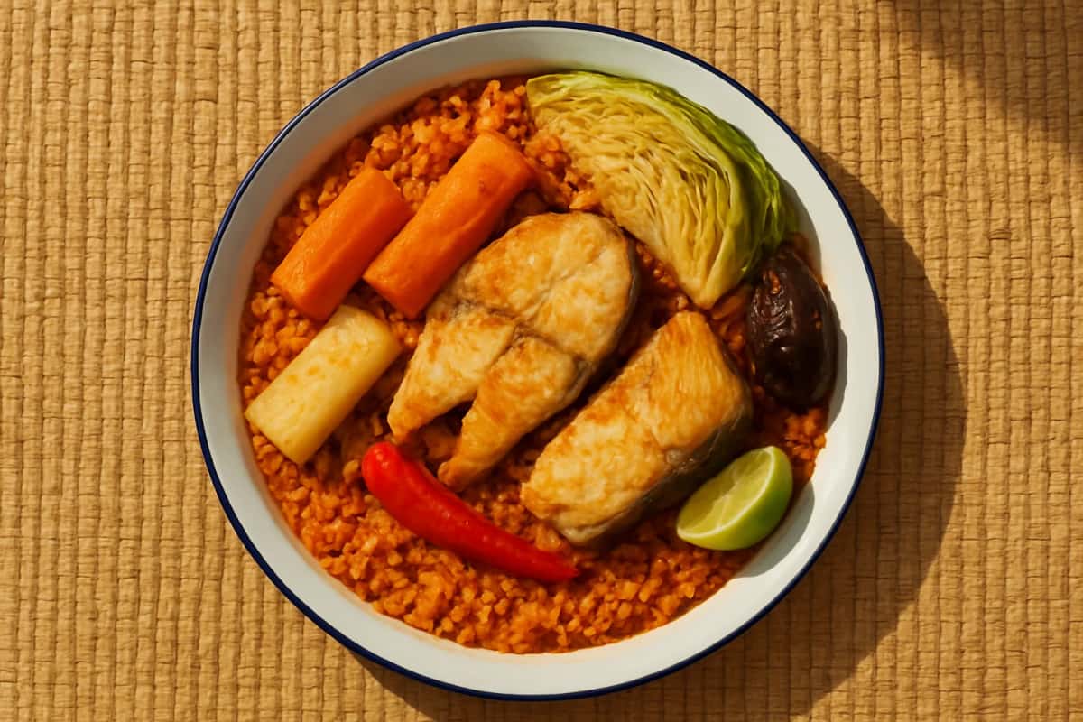 Plat de thiéboudienne : riz rouge à la tomate, darnes de poisson blanc, carotte, manioc, chou et piment