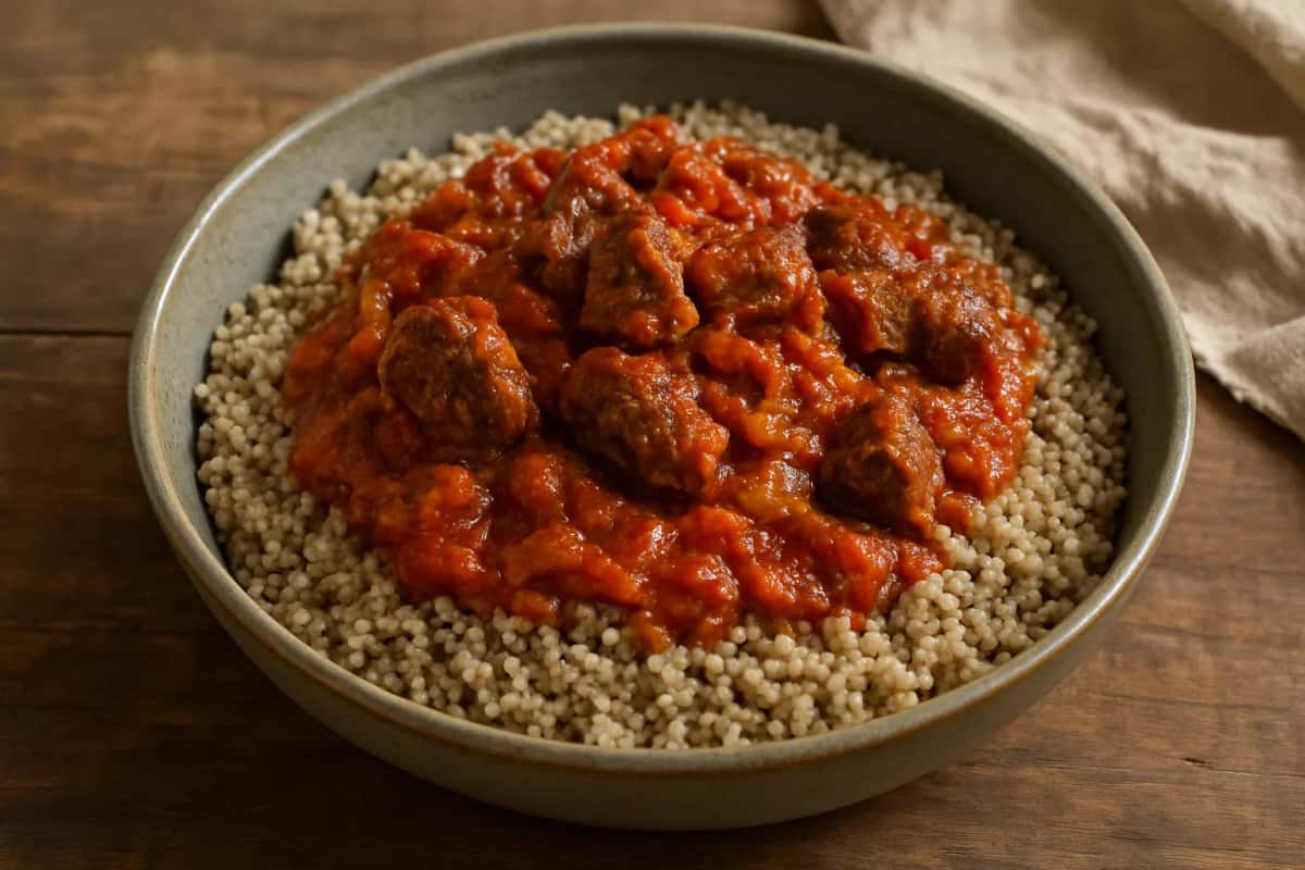 Thiéré : couscous de mil gris-brun dans un grand bol, nappé d'une sauce tomate et oignon avec des morceaux de bœuf