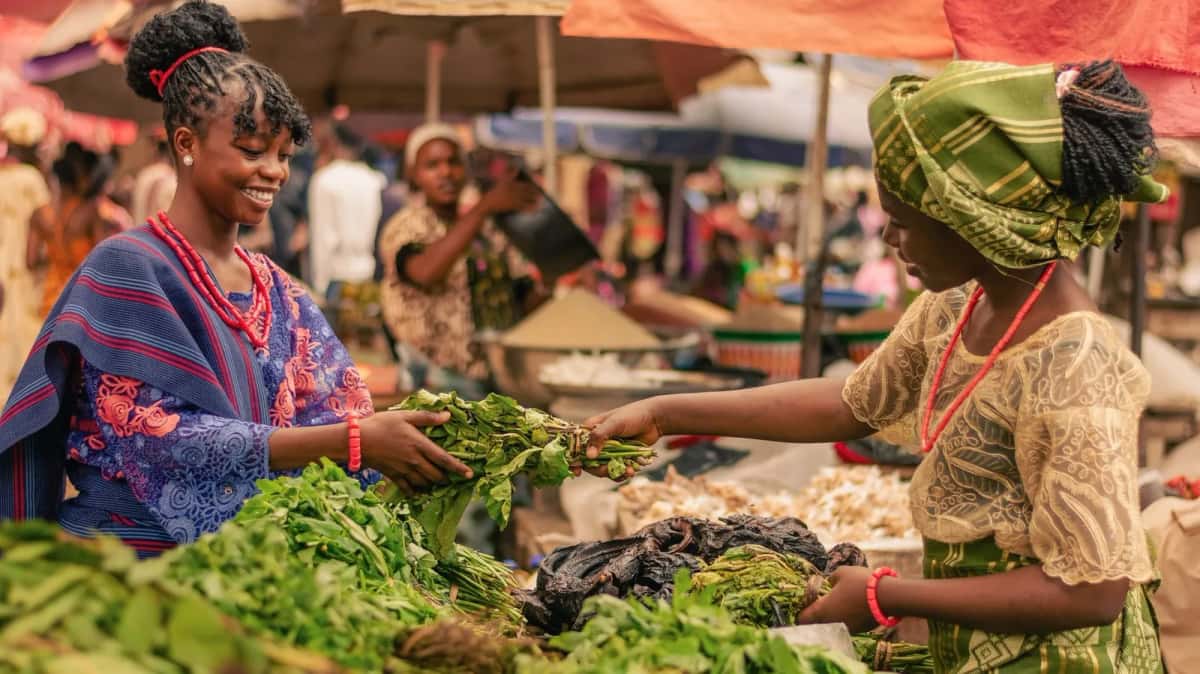Deux femmes échangent sur un marché d'Afrique de l'Ouest : la vendeuse tend une botte de légumes verts à sa cliente