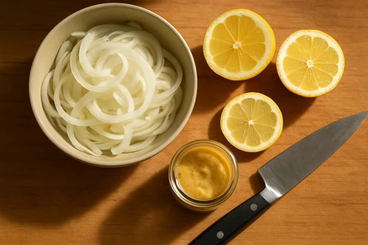Oignons émincés, citrons coupés et pot de moutarde pour la marinade du yassa