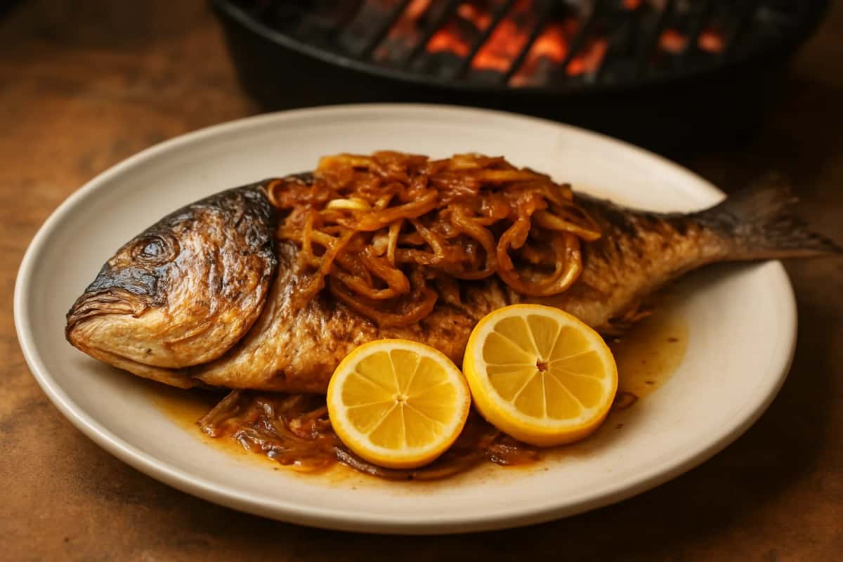 Poisson entier grillé nappé d'oignons et de citron, façon yassa de poisson