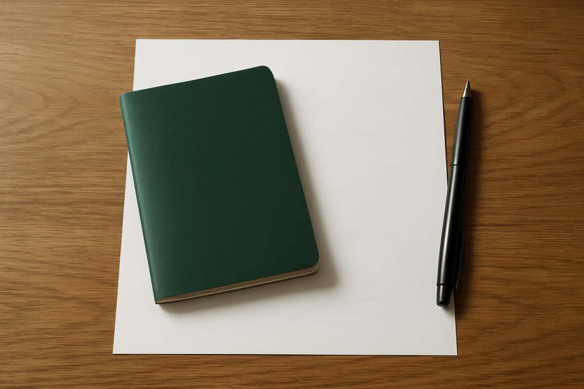 Passeport à couverture verte posé sur une feuille avec un stylo