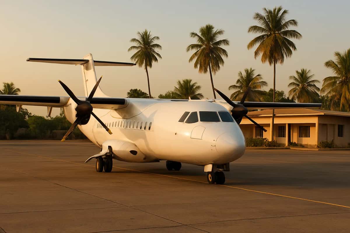 Avion régional blanc sur le tarmac d'un petit aéroport bordé de palmiers, au coucher du soleil