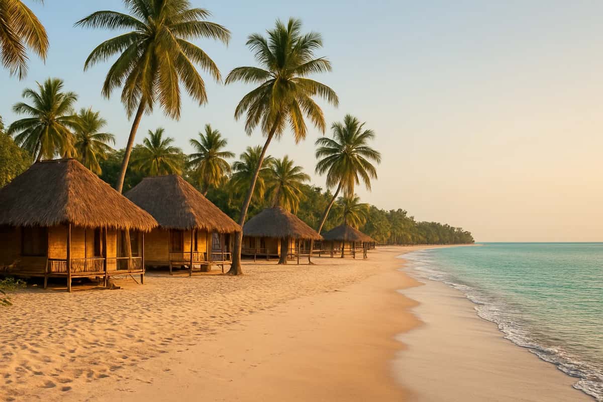 Bungalows à toit de chaume alignés au bord d'une plage de sable bordée de cocotiers