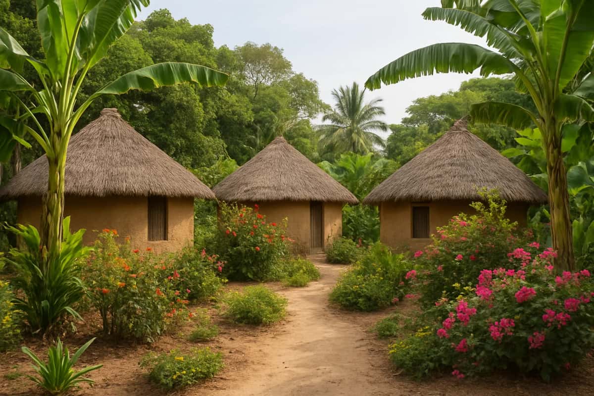 Cases rondes au toit de chaume dans un jardin tropical fleuri avec bananiers