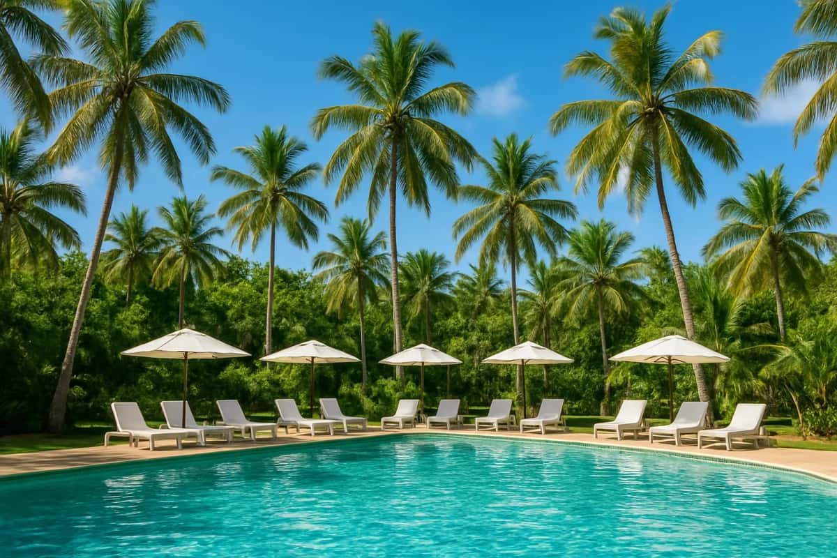 Piscine d'hôtel entourée de cocotiers, avec transats blancs et parasols