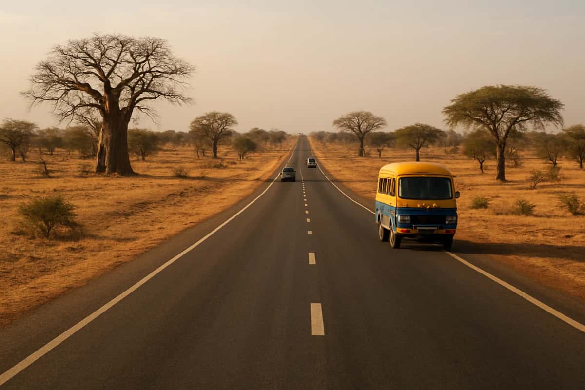 Route goudronnée traversant une savane sèche avec baobabs et acacias, un minibus jaune et bleu au loin