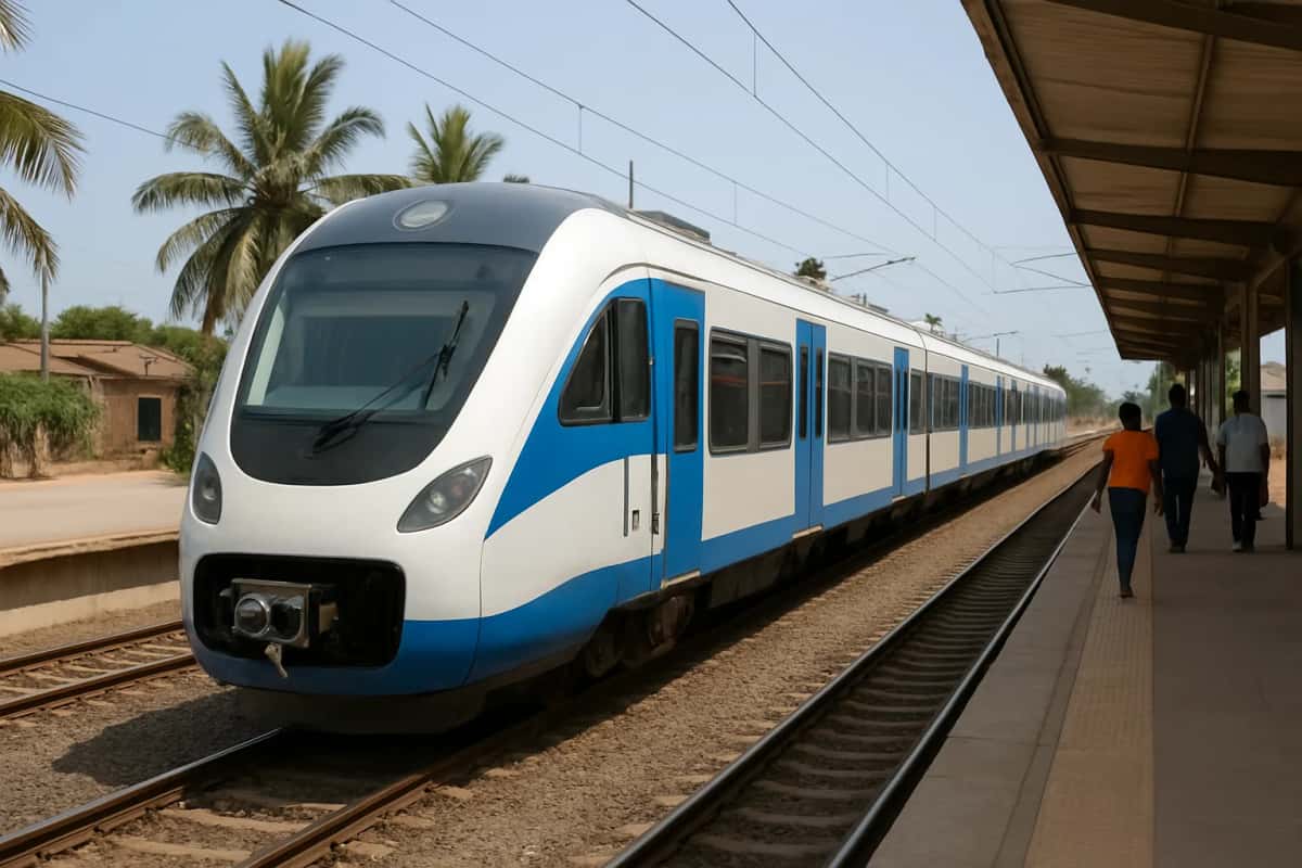 Illustration d'un train régional électrique blanc et bleu à quai dans une gare de banlieue